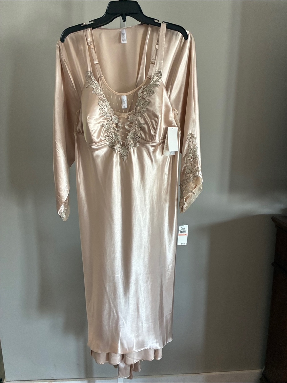 Flora 2X Satin Lace-Trim Robe & Slip Set — Champagne Pink